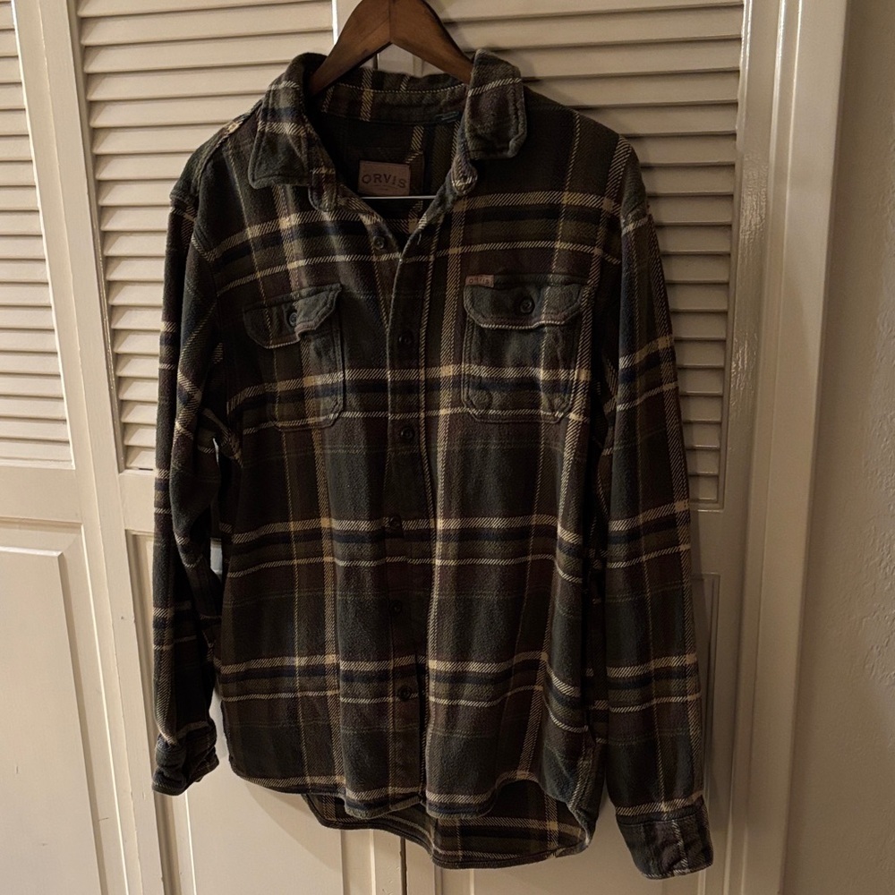 Orvis Men's Green & Tan Plaid Shirt Jacket/Shacket Size L Warm Outdoor Workwear
